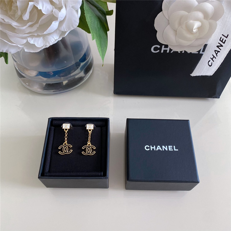 Chanel white square chain black gold double c earrings