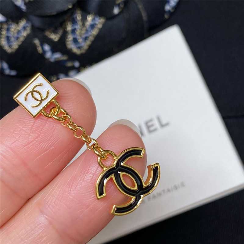 Ch**el white square chain black gold double c earrings