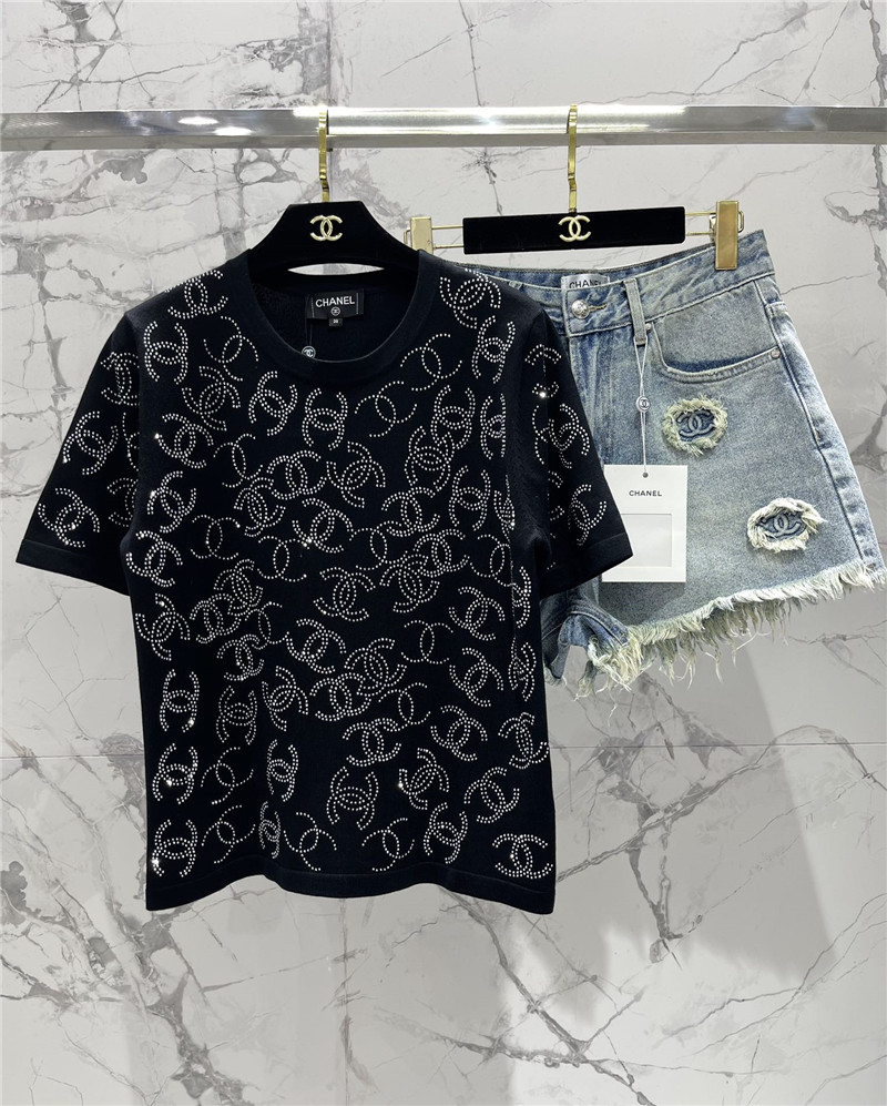 Ch**el hot rhinestone knitted short-sleeved replica clothes