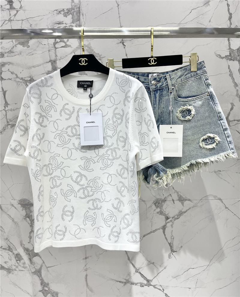 Ch**el hot rhinestone knitted short-sleeved replica clothes