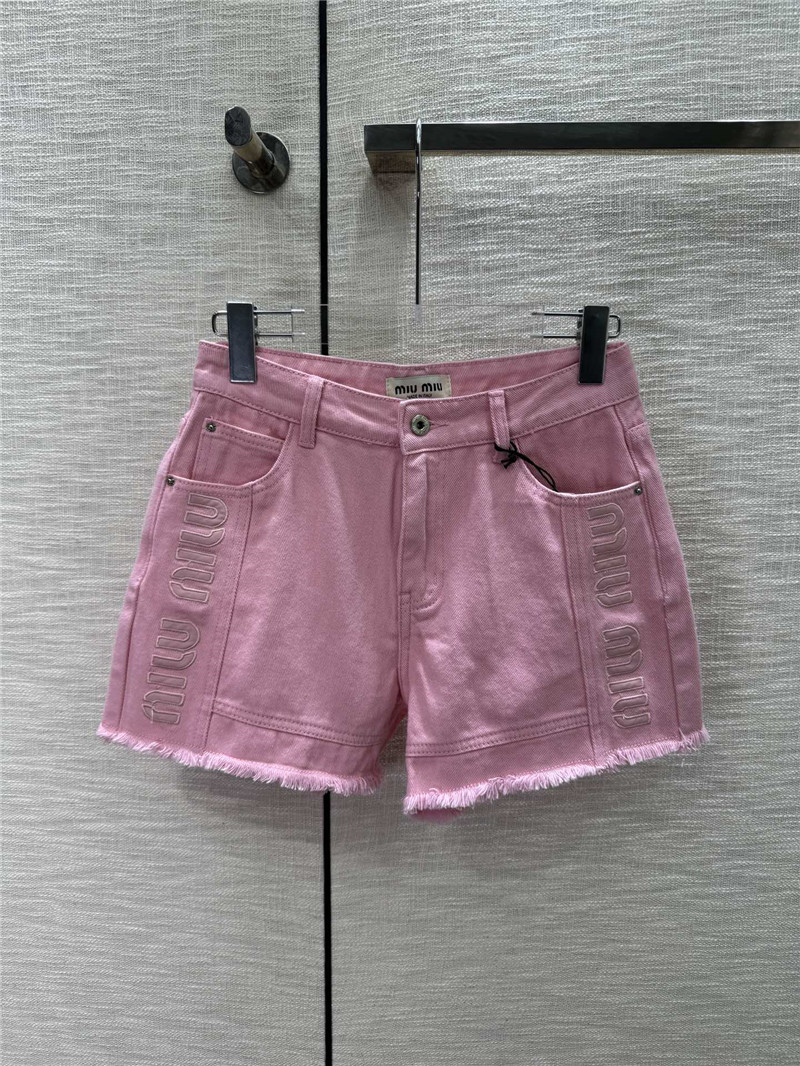 M1um1u embroidered logo raw edge denim shorts replica clothes