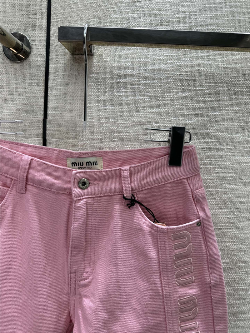 M1um1u embroidered logo raw edge denim shorts replica clothes