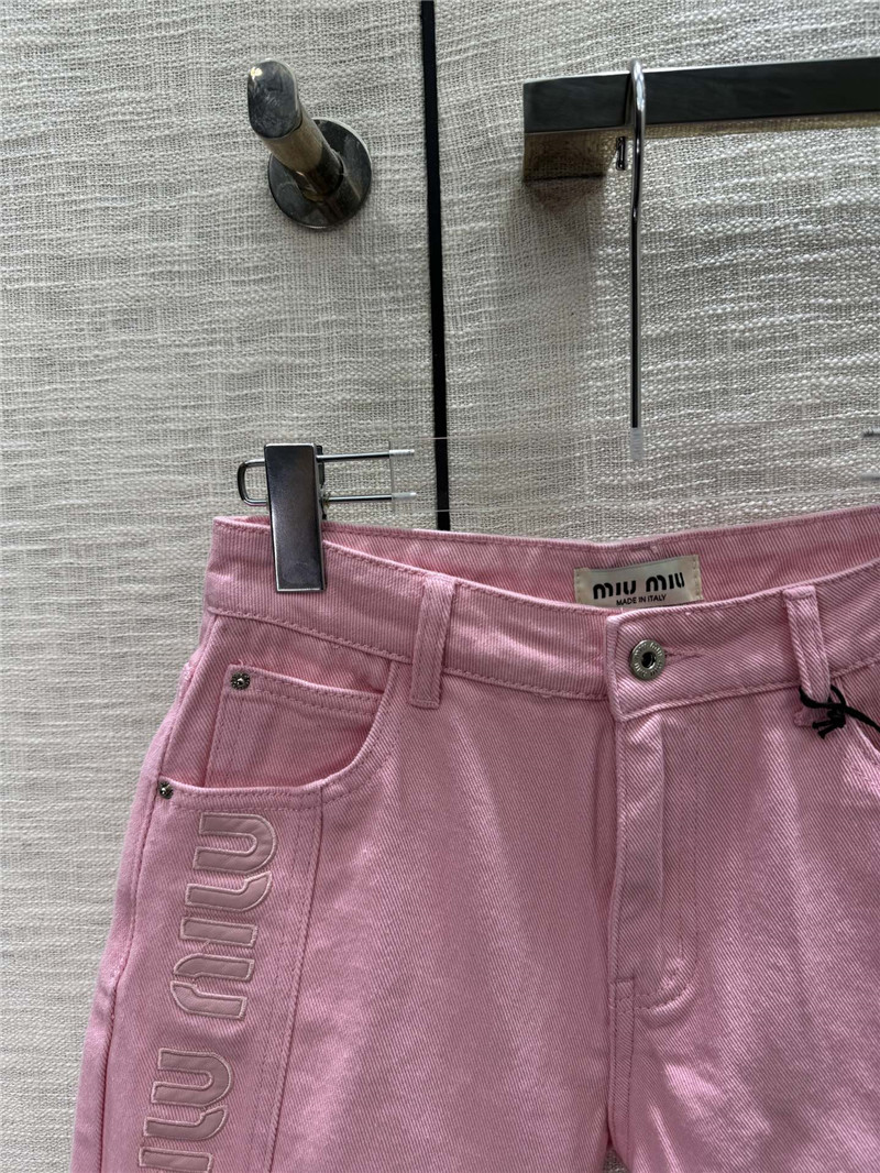 M1um1u embroidered logo raw edge denim shorts replica clothes