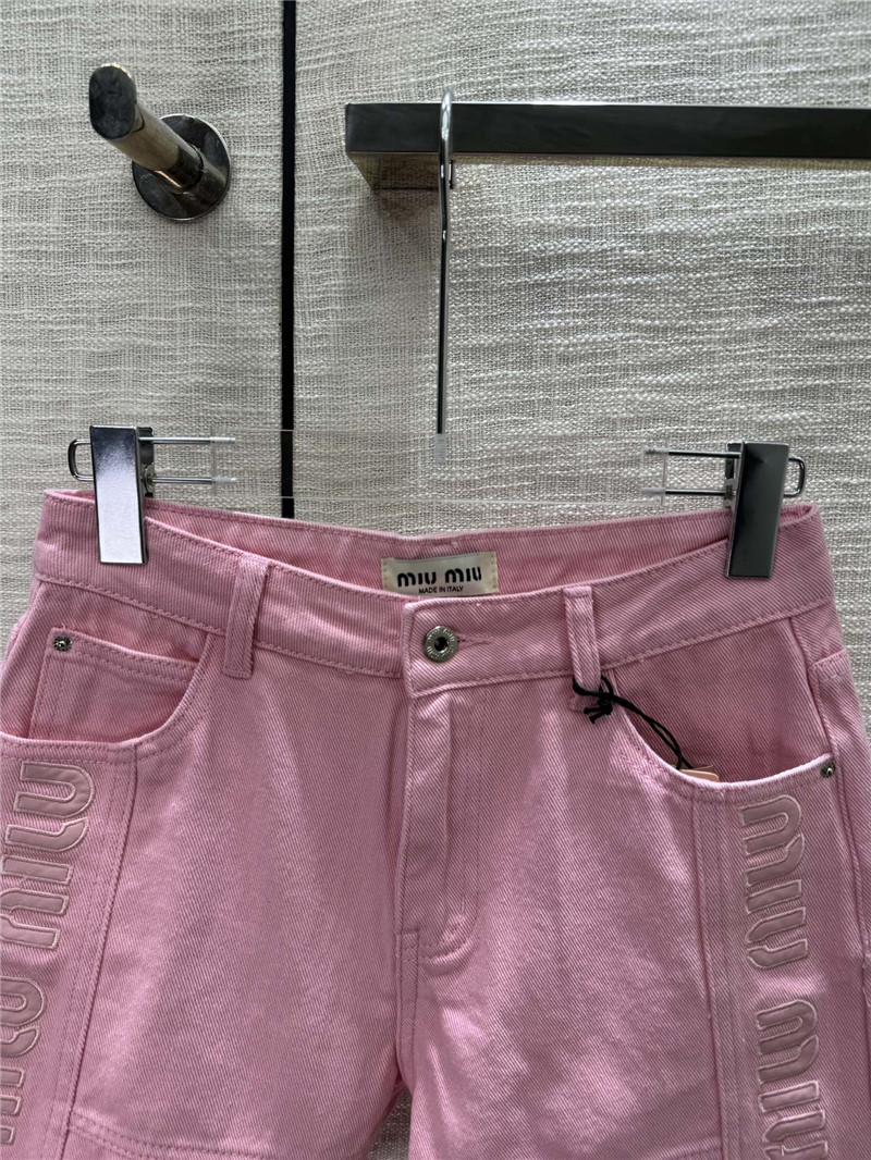 M1um1u embroidered logo raw edge denim shorts replica clothes