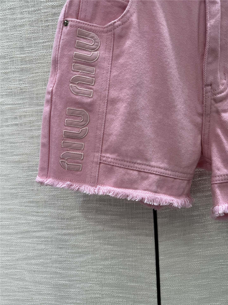 M1um1u embroidered logo raw edge denim shorts replica clothes