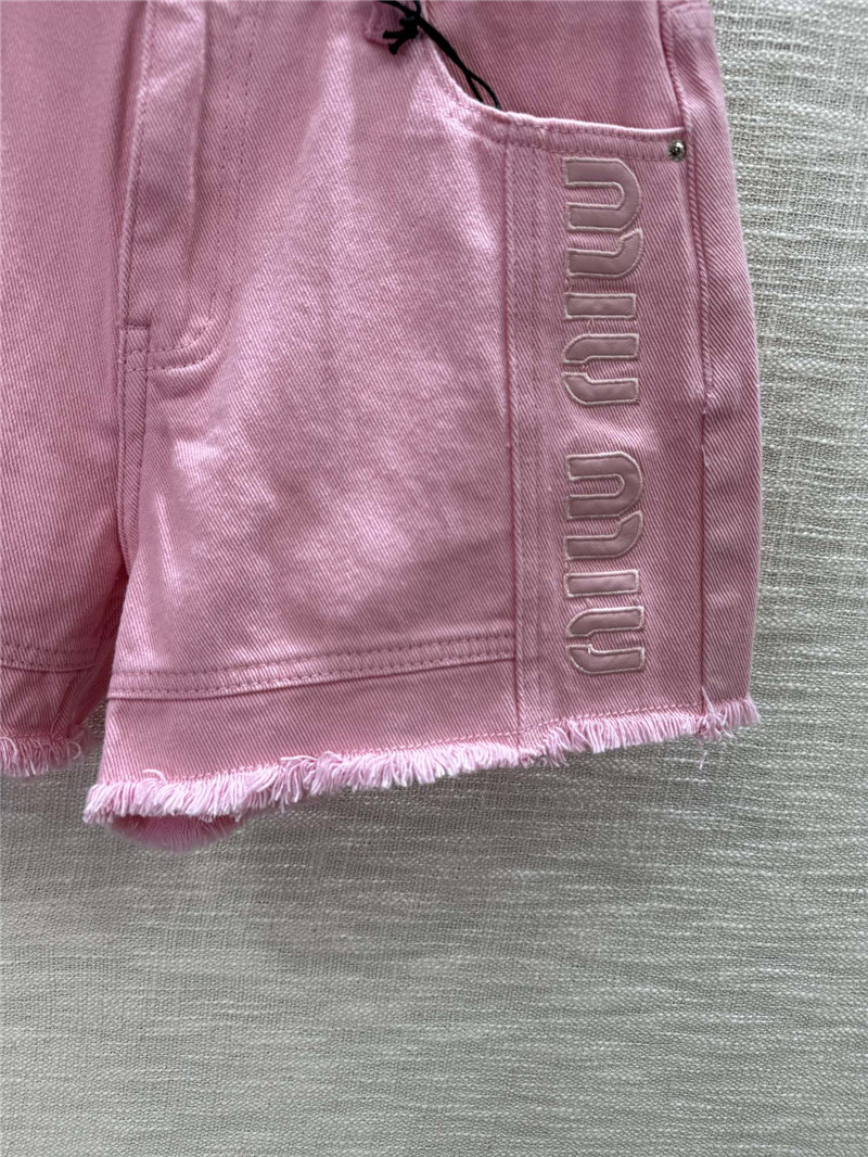M1um1u embroidered logo raw edge denim shorts replica clothes