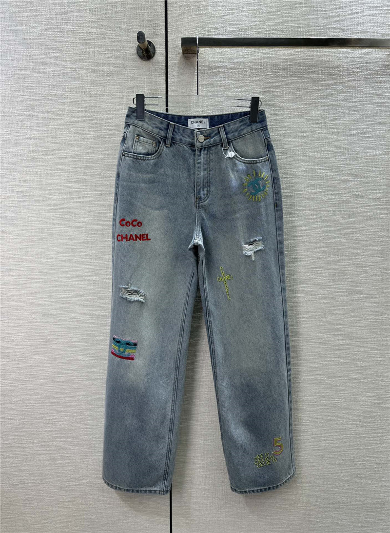Chanel ripped denim straight pants replica designer clothes
