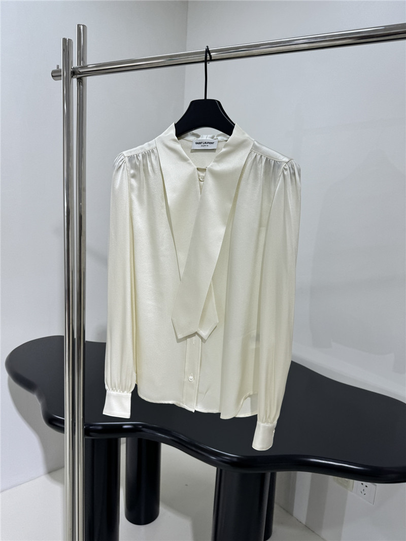 YSL flower tie collar mulberry silk satin shirt replica clothes