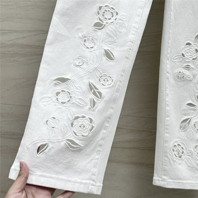 Ch**el hollow embroidered denim trousers replica clothing sites