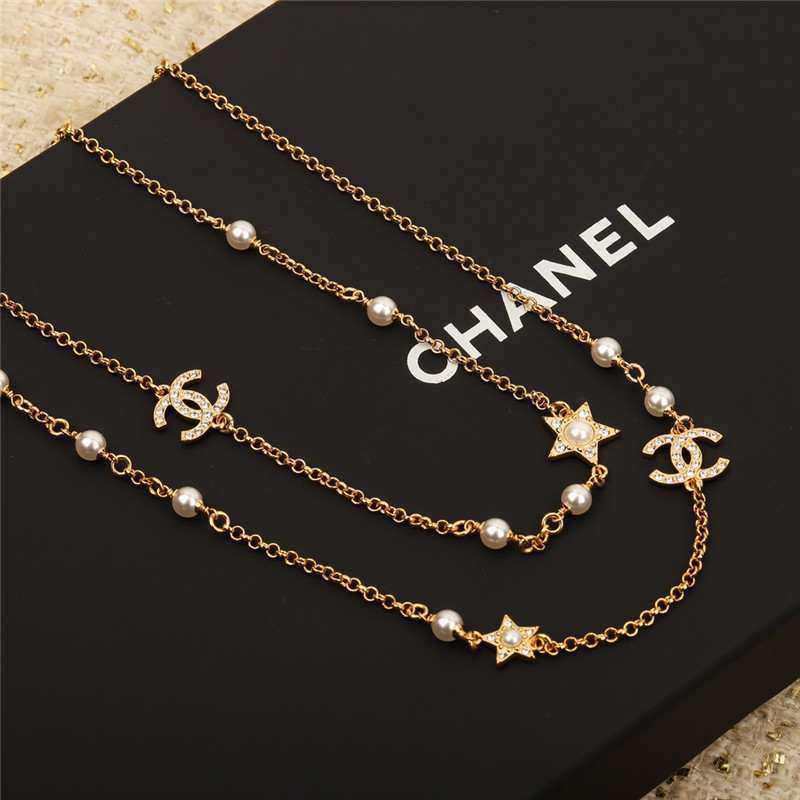 Ch**el five-pointed star double c pearl sweater chain