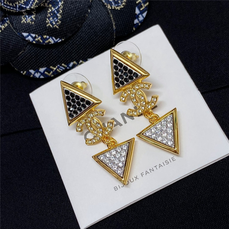 Chanel gold double c triangle black and white diamond earrings