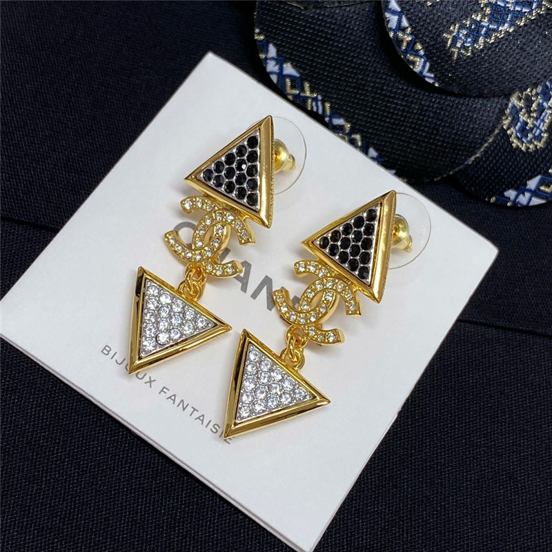 Chanel gold double c triangle black and white diamond earrings
