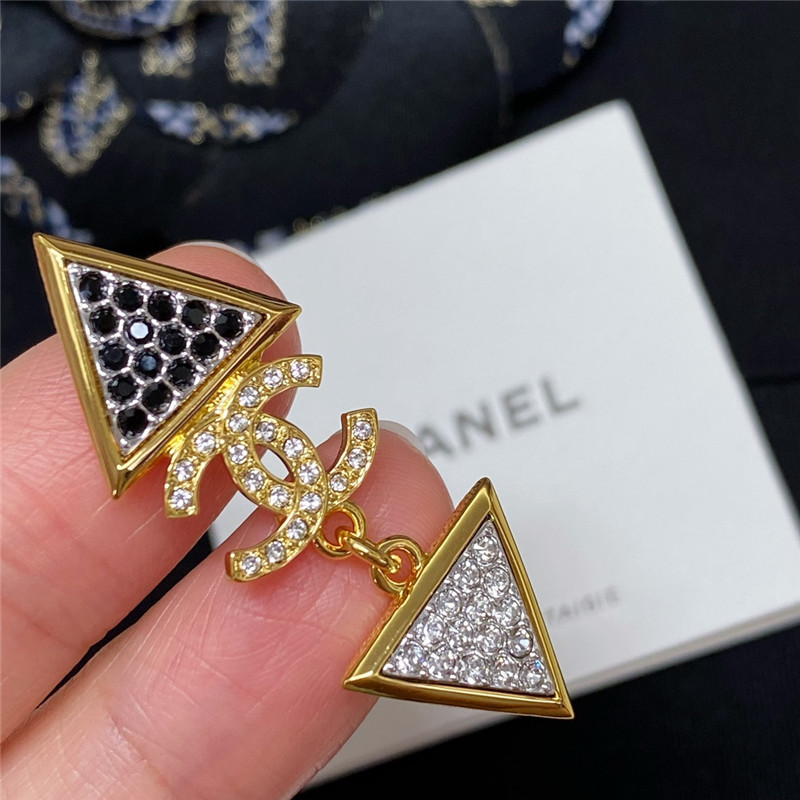 Chanel gold double c triangle black and white diamond earrings