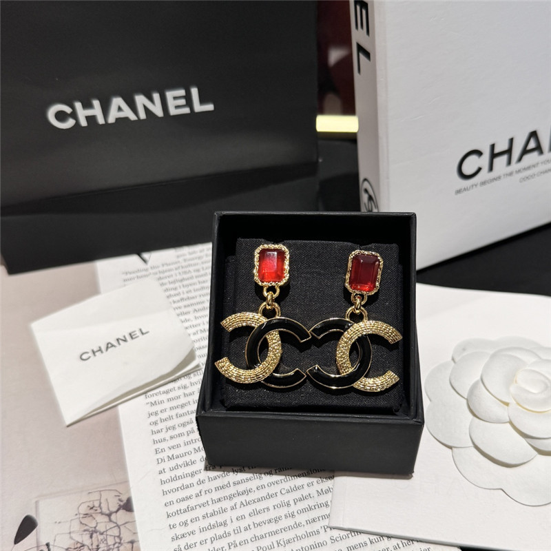 Chanel red diamond gold edge lava earrings