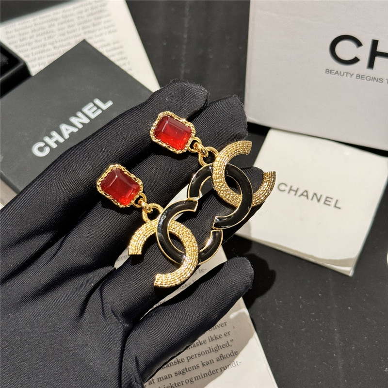 Chanel red diamond gold edge lava earrings