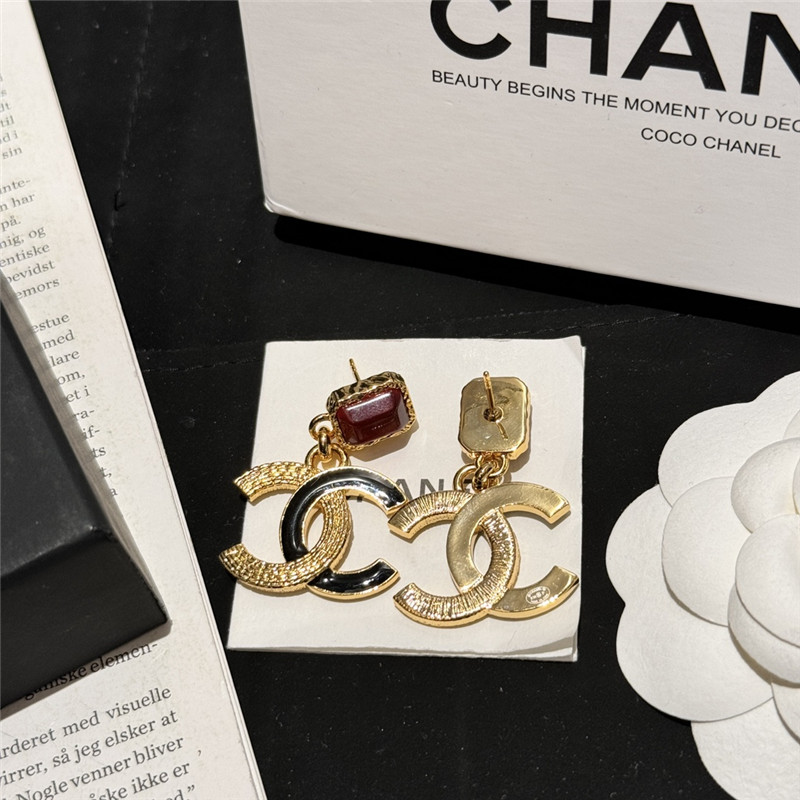Chanel red diamond gold edge lava earrings