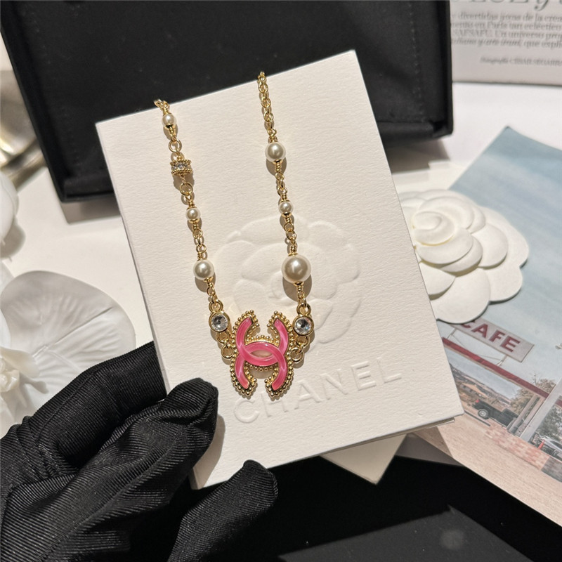 Ch**el pink glass pearl and rhinestone necklace