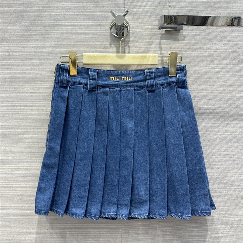M1um1u denim low waist pleated short skirt replica clothing