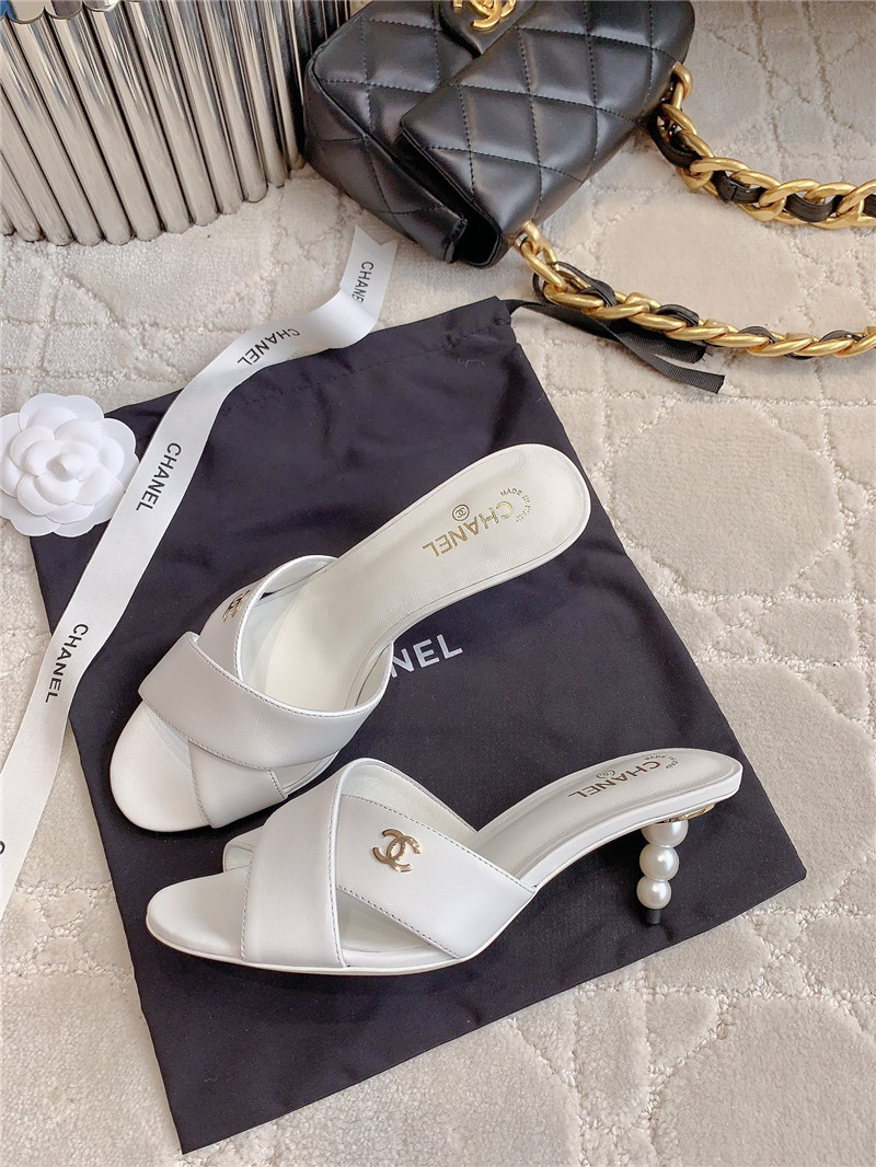 Ch**el white lambskin pearl heel mule