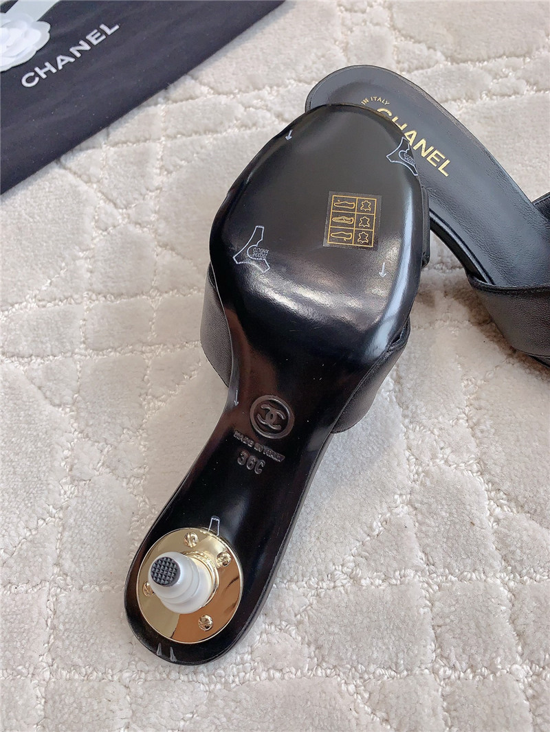 Ch**el black lambskin pearl heel mule