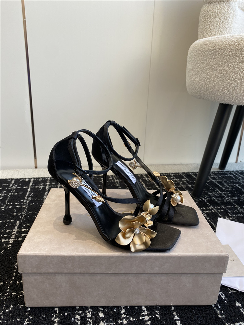Jimmy Choo Ixia 95 Black Satin Pumps with Floral