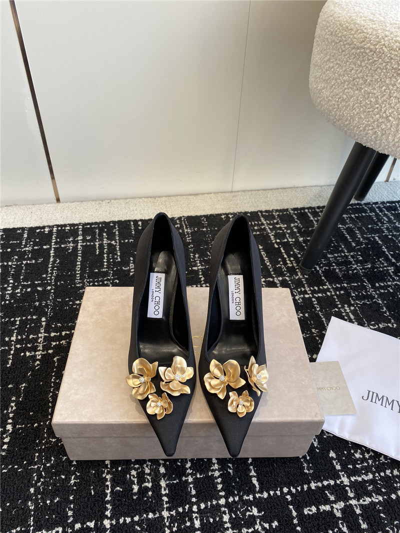 Jimmy Choo Ixia 95 Black Satin Pumps with Floral