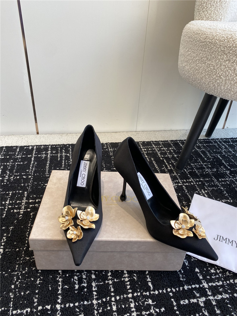 Jimmy Choo Ixia 95 Black Satin Pumps with Floral
