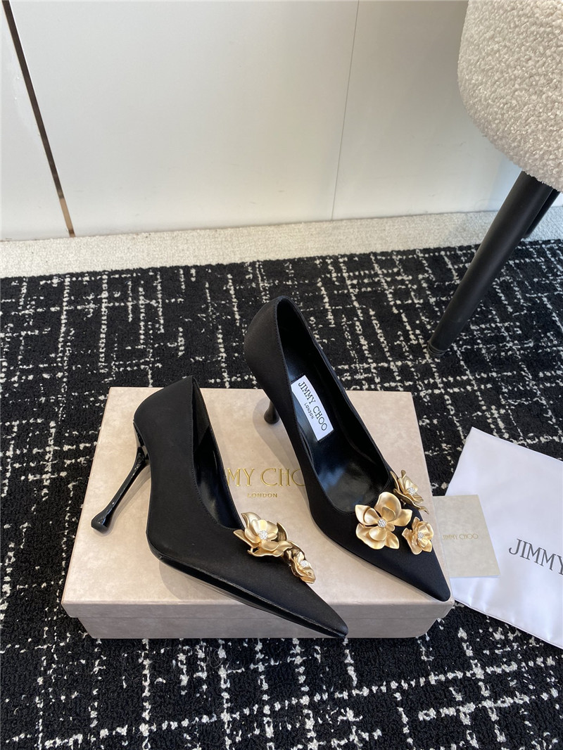 Jimmy Choo Ixia 95 Black Satin Pumps with Floral