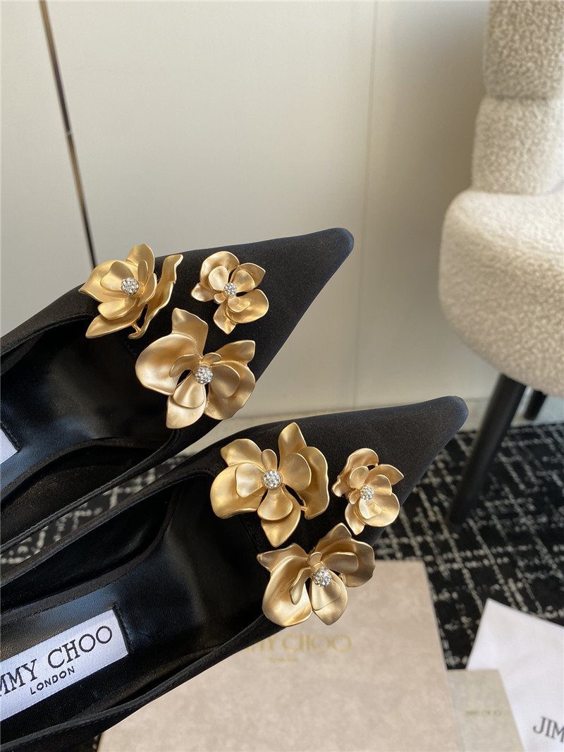 Jimmy Choo Ixia 95 Black Satin Pumps with Floral
