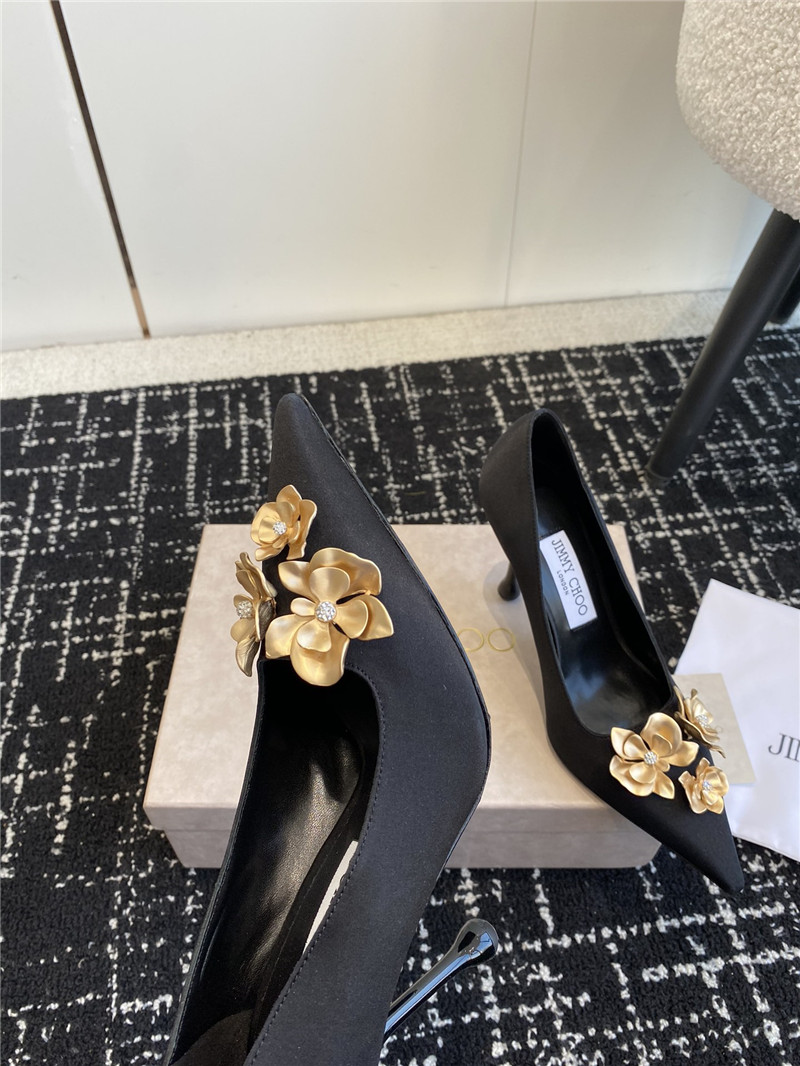 Jimmy Choo Ixia 95 Black Satin Pumps with Floral