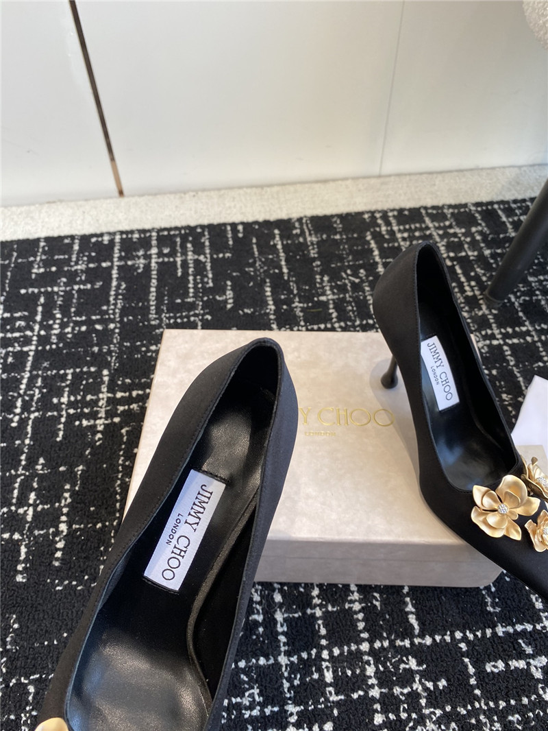 Jimmy Choo Ixia 95 Black Satin Pumps with Floral