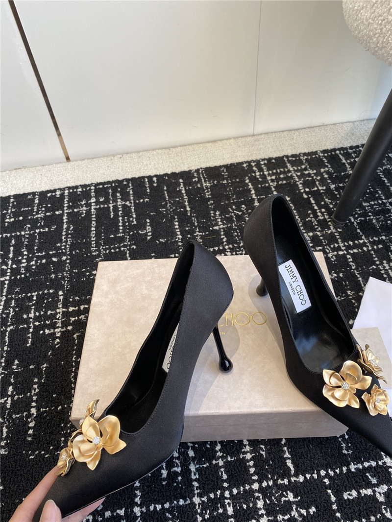 Jimmy Choo Ixia 95 Black Satin Pumps with Floral