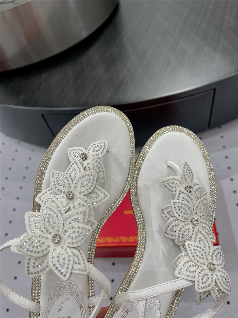 Rene Caovilla White Flat Flowers Sandals