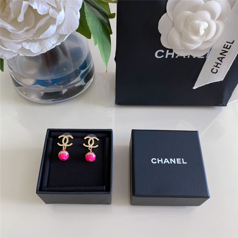 Chanel gold double c hanging pink bead earrings
