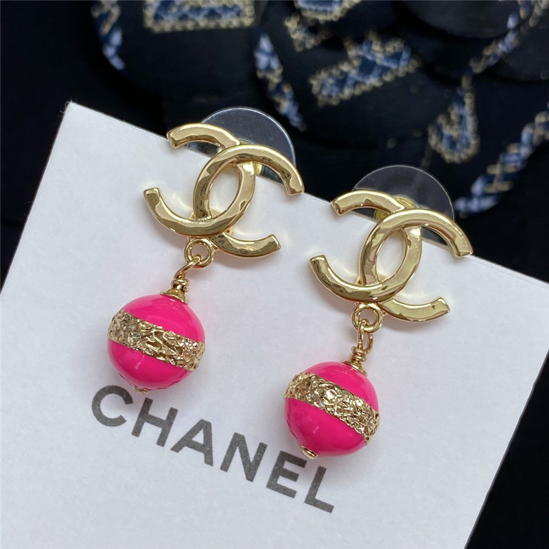 Ch**el gold double c hanging pink bead earrings