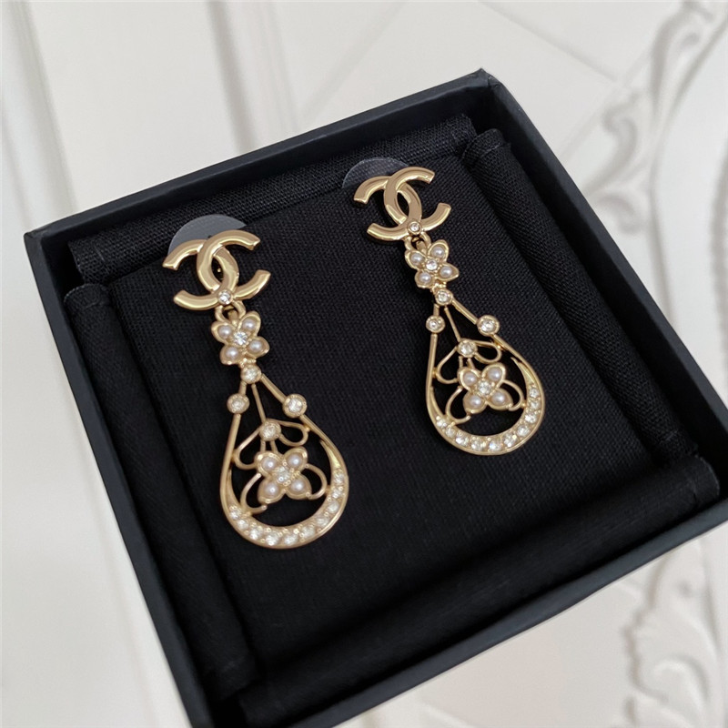 Ch**el double c hollow water drop flower earrings