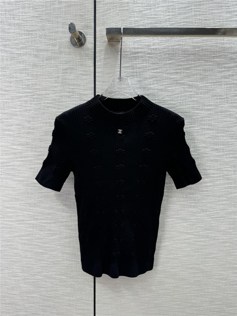 Chanel Jacquard Short-Sleeve Knit Top in Black