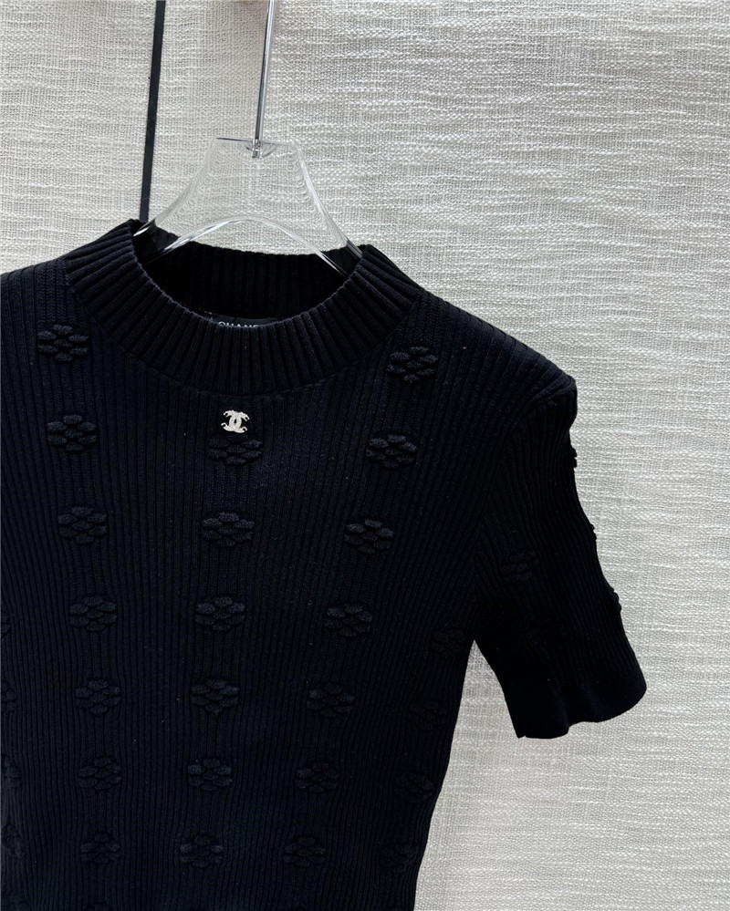 Chanel Jacquard Short-Sleeve Knit Top in Black