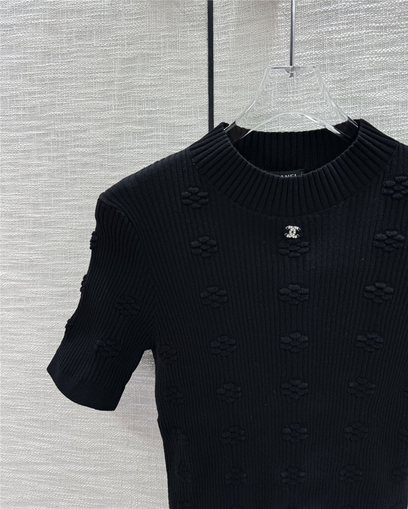 Chanel Jacquard Short-Sleeve Knit Top in Black