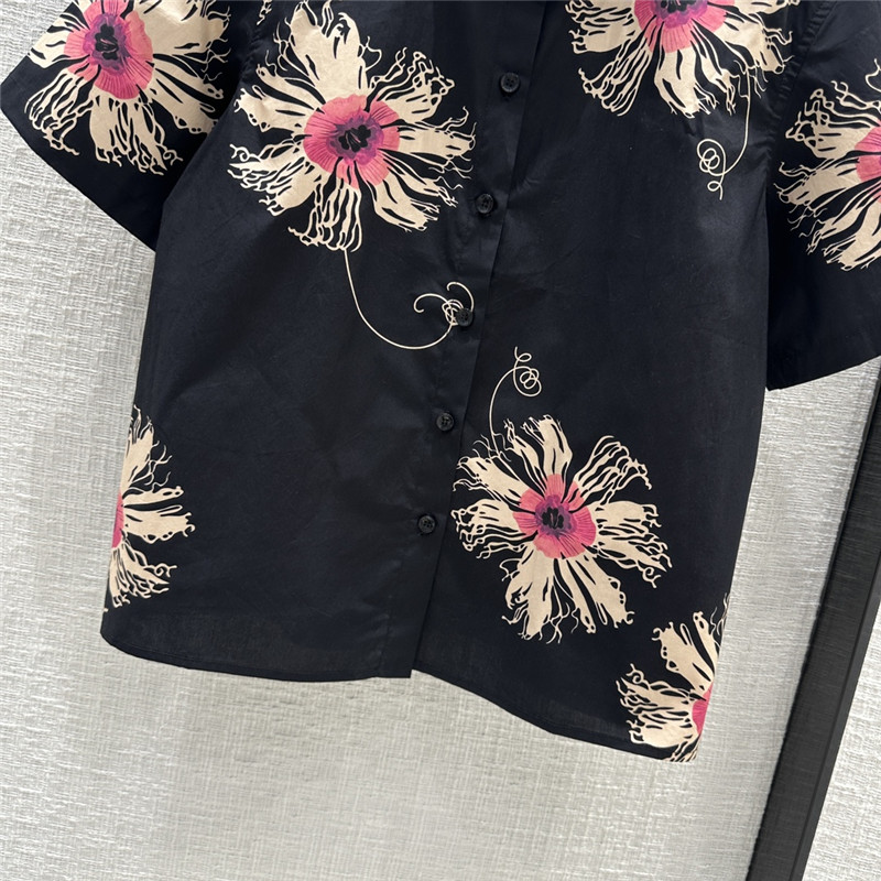 Pra*a black floral print short sleeve shirt replicas clothes