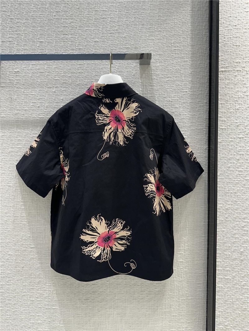 Pra*a black floral print short sleeve shirt replicas clothes