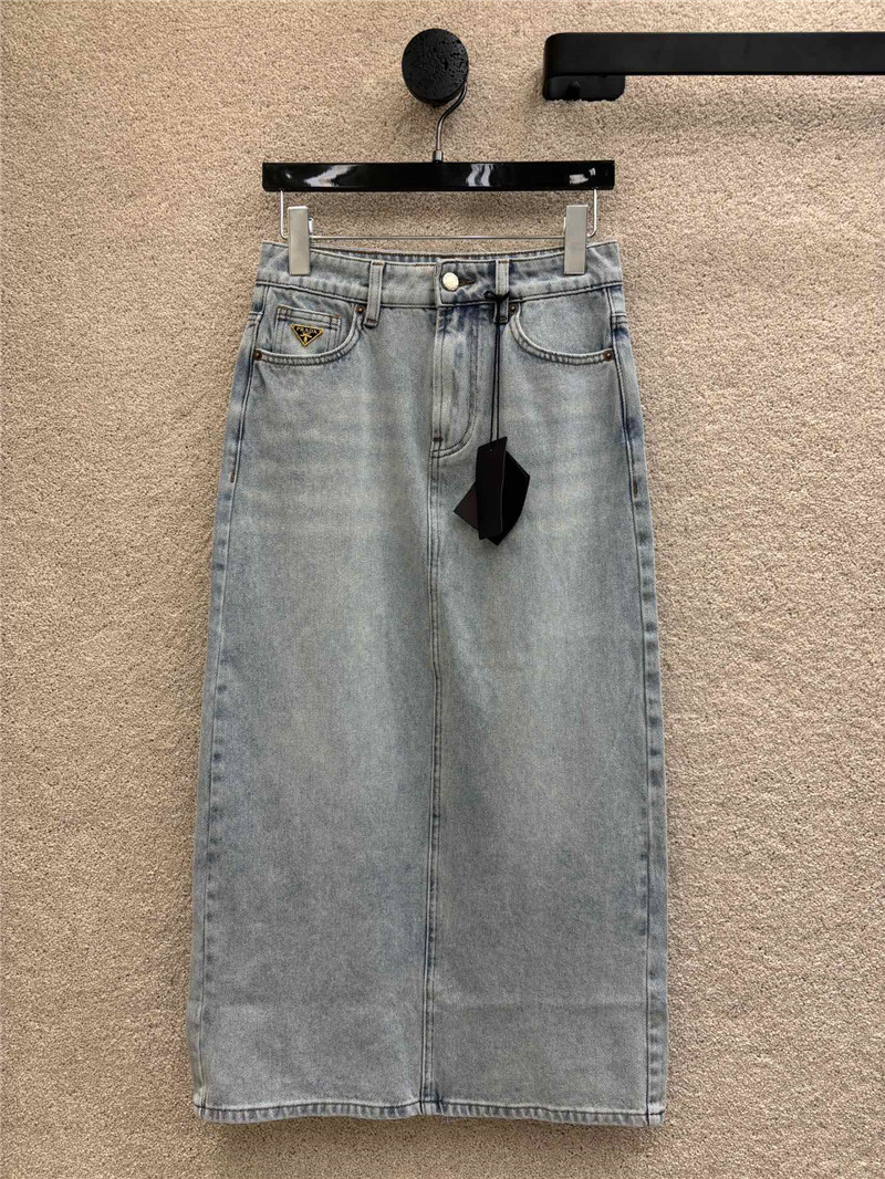 prada triangle logo long denim skirt replica clothes