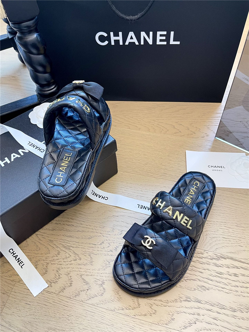 Ch**el black bow double c platform slippers