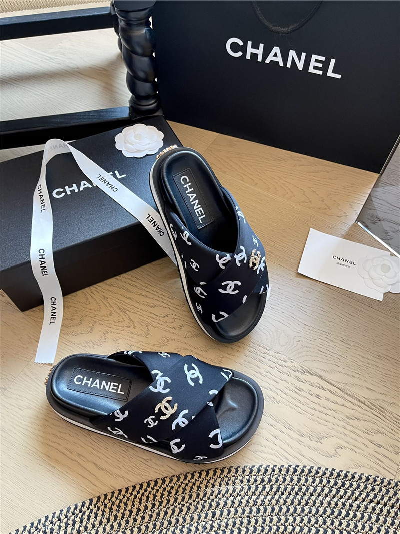 Chanel Velvet Cross Platform Slides