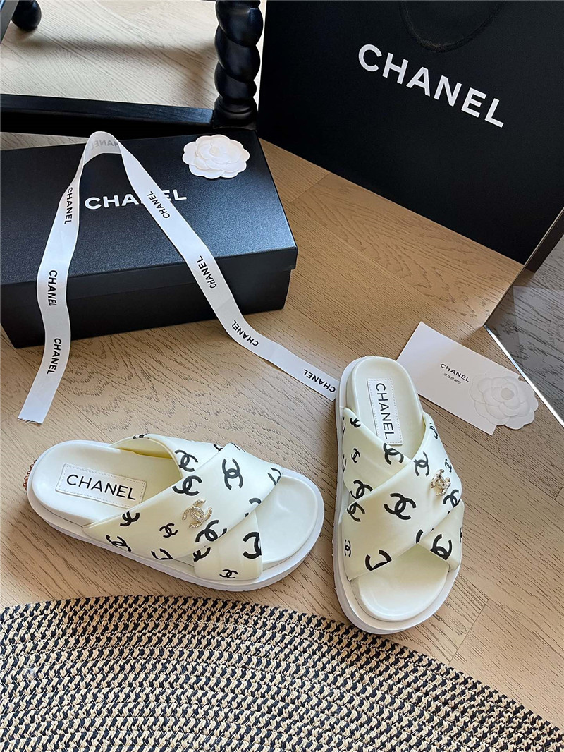 Chanel Velvet Cross Platform Slides Beige