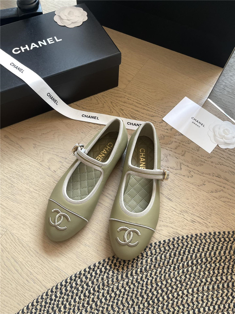 Chanel Mary Janes Green Leather Ballet Flats
