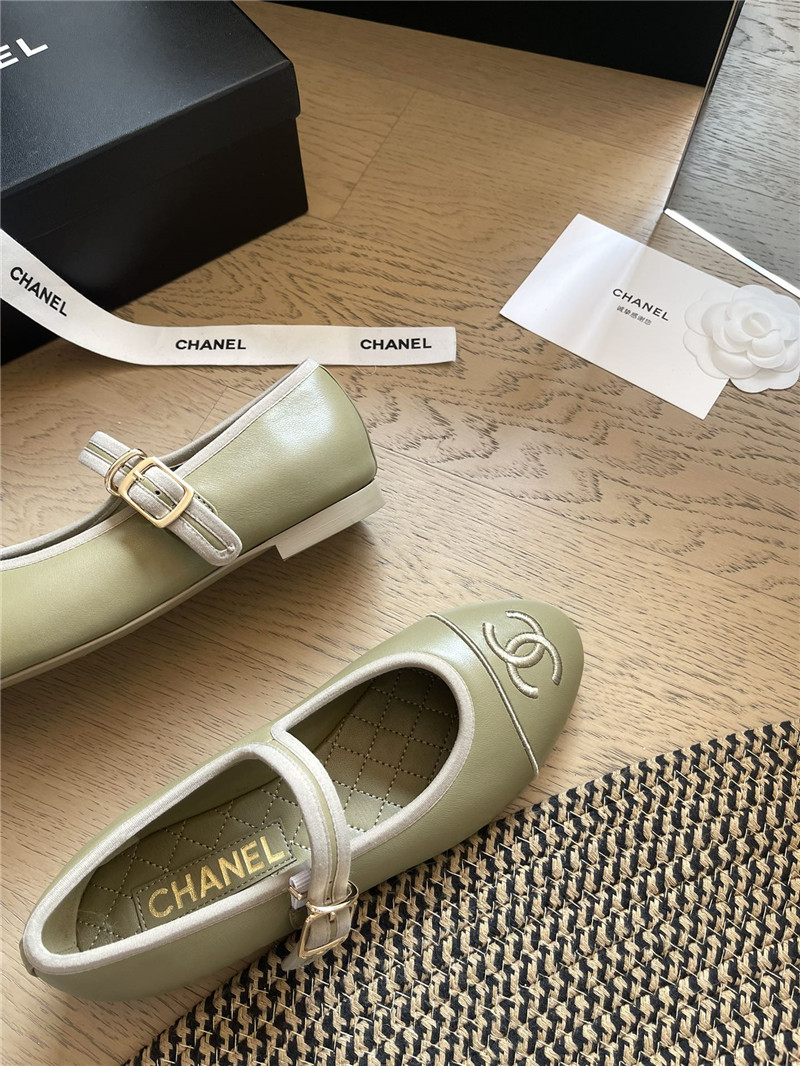 Chanel Mary Janes Green Leather Ballet Flats