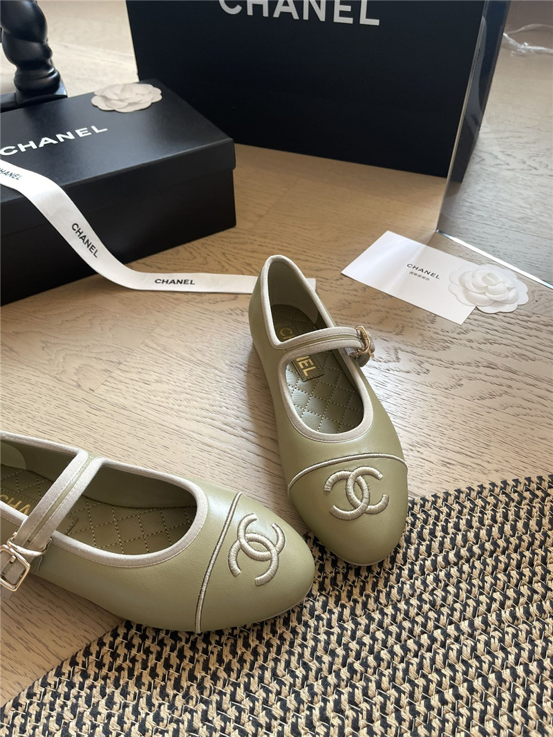 Chanel Mary Janes Green Leather Ballet Flats