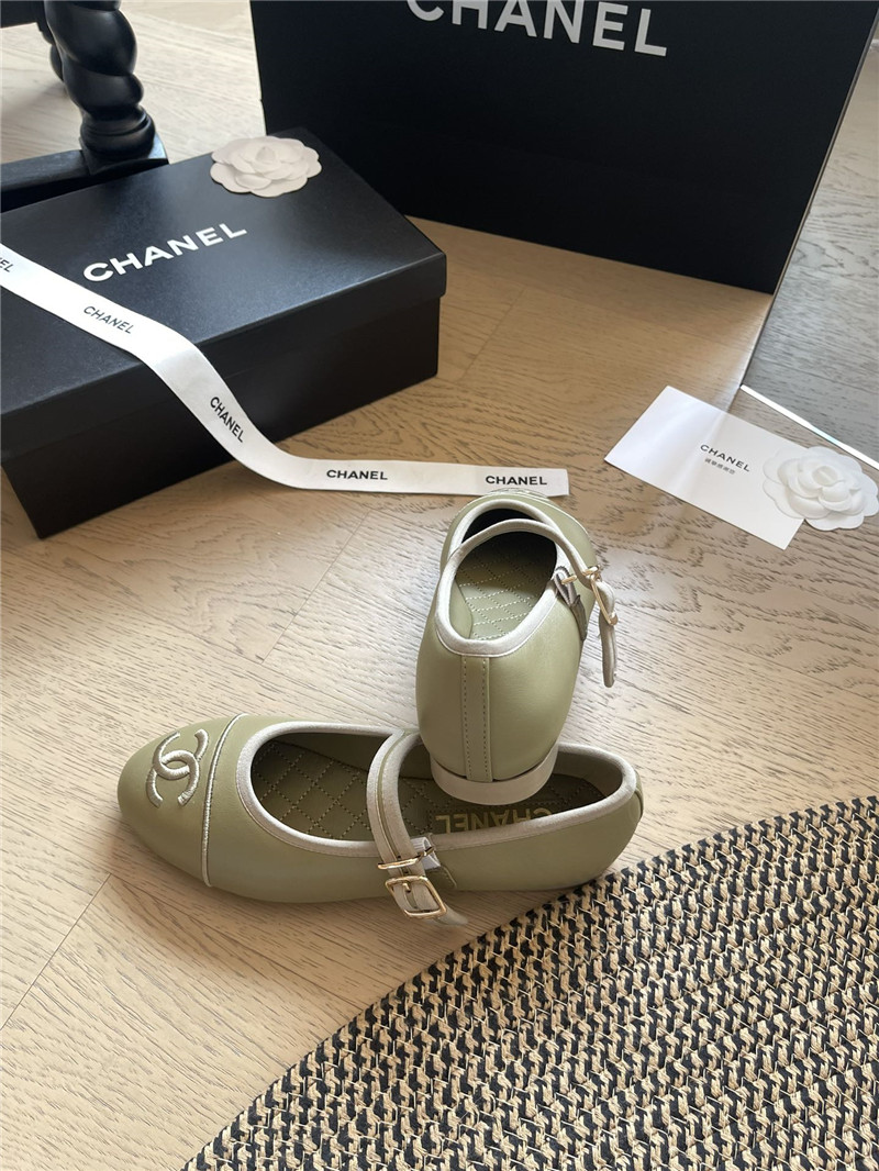 Chanel Mary Janes Green Leather Ballet Flats