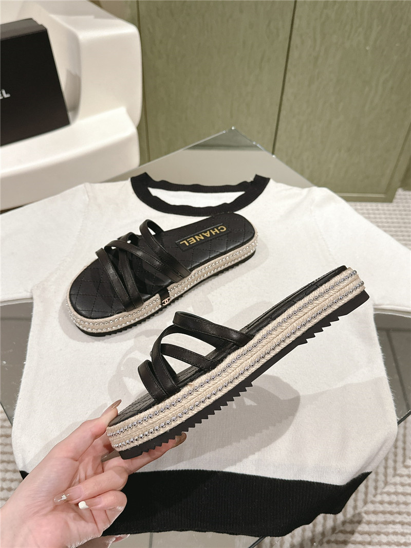 Ch**el logo espadrilles black leather slides